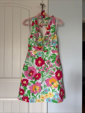 Lilly Pulitzer White Floral Halter Sundress with Pink, Red, Yellow & Green
